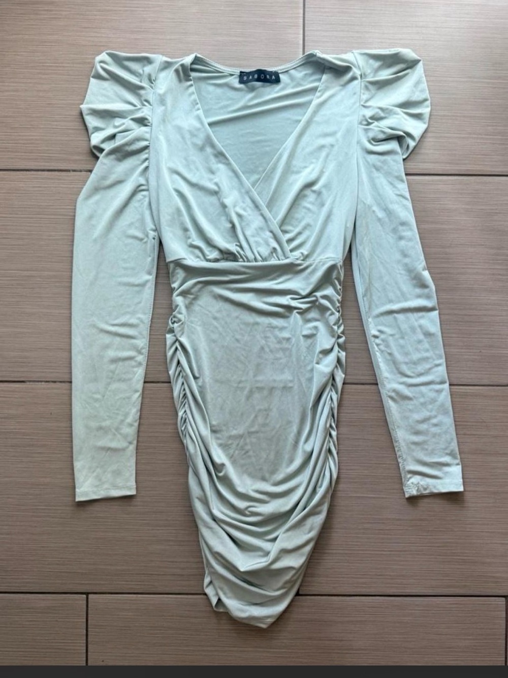 Ruched Long-Sleeve V-Neck Dress in Sage Green
